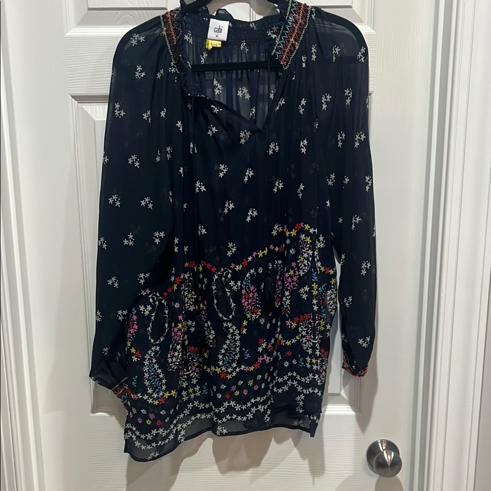 CAbi Blue Relaxed Notched Collar Tunic